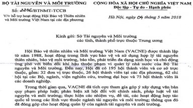 Bộ TN&MT hỗ trợ hoạt động của Hội BVTN&MT Việt Nam tại các địa phương